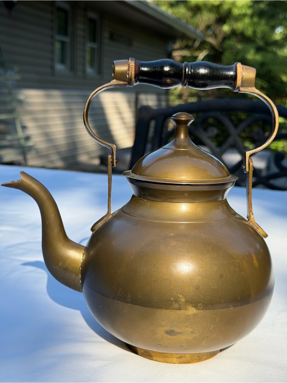 Beautiful Vintage Brass Teapot Kettle With Black Wood Handle Patina Farmhouse